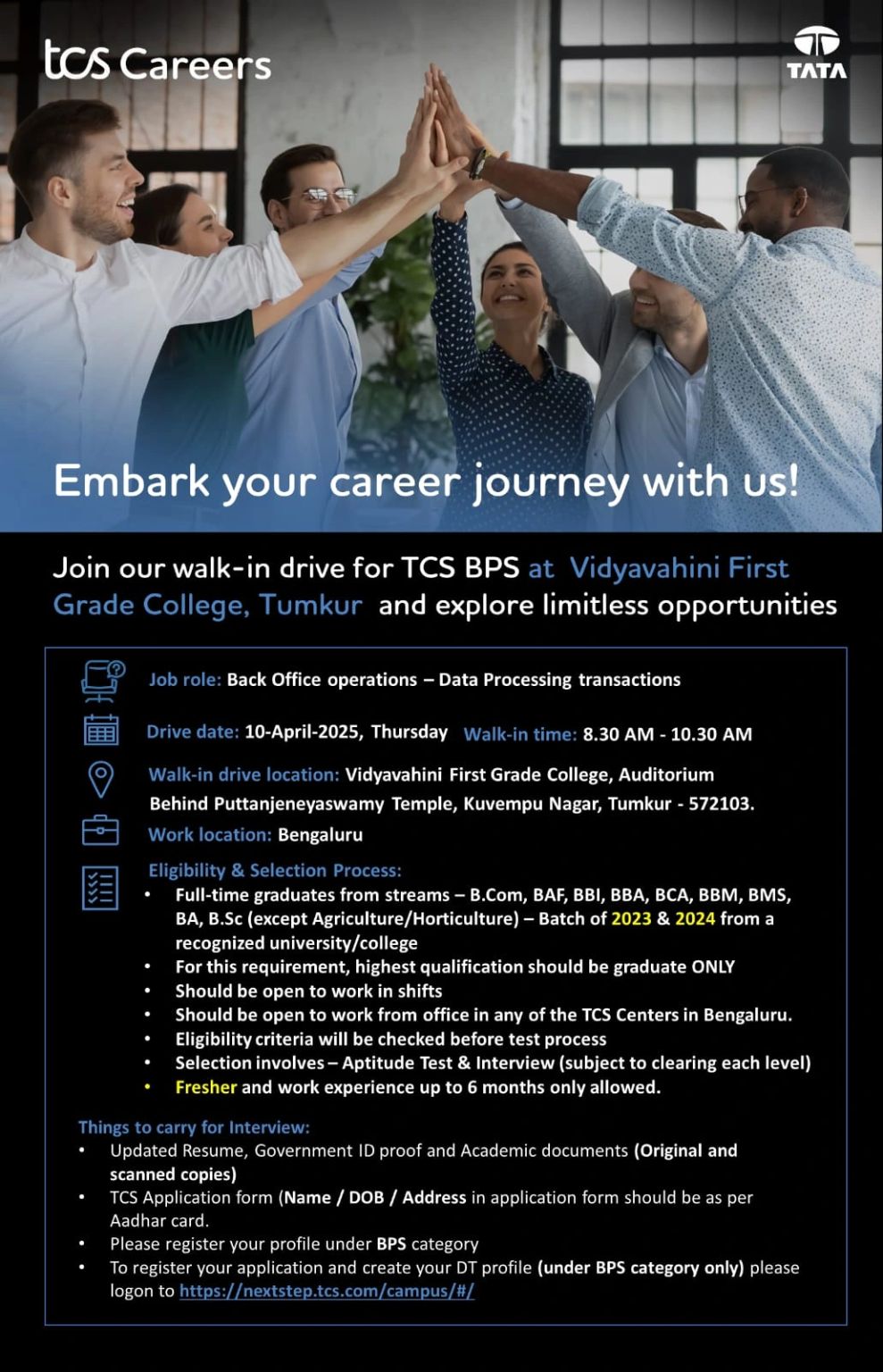 TCS BPS Walk-In Drive 2025 Apply for Back Office Operations – Data Processing